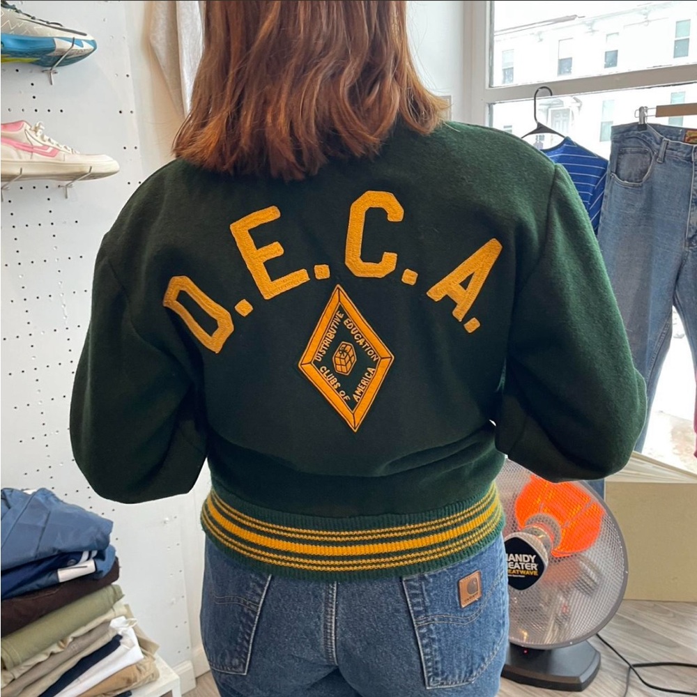 Vintage 1982 green yellow vintage letterman varsity jacket womens large fit